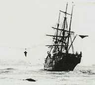 A crewman from the stricken ss "Mazinthien" is hauled ashore. Peterhead Bay, March 17th, 1883. courtesy Arbuthnot Museum