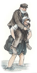 a woman carrying a man to his boat